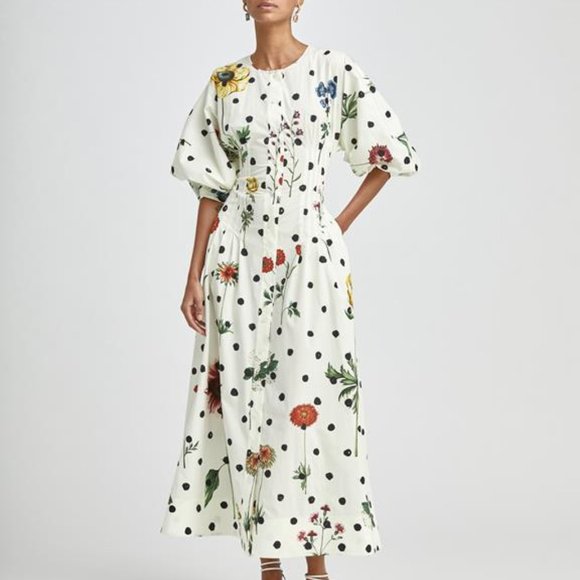 ◇$2,590 NEW OSCAR DE LA RENTA GORGEOUS ECRU MULTI MIDI FLORAL DAY DRESS US 4 - Picture 1 of 9